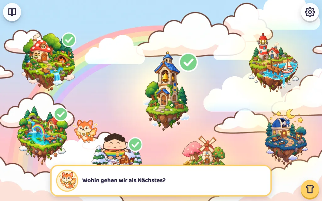 Weltkarte mit sieben schwebenden Inseln und dem Glockenturm