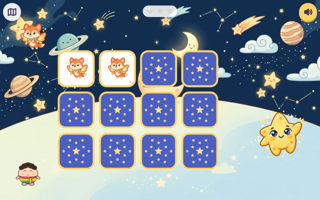 Juego de memoria con cartas giradas en el cielo estrellado