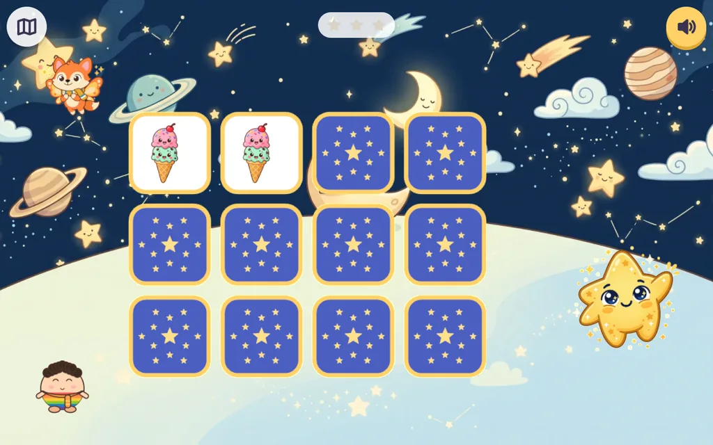Jeu de memory avec des cartes retournées dans le ciel étoilé