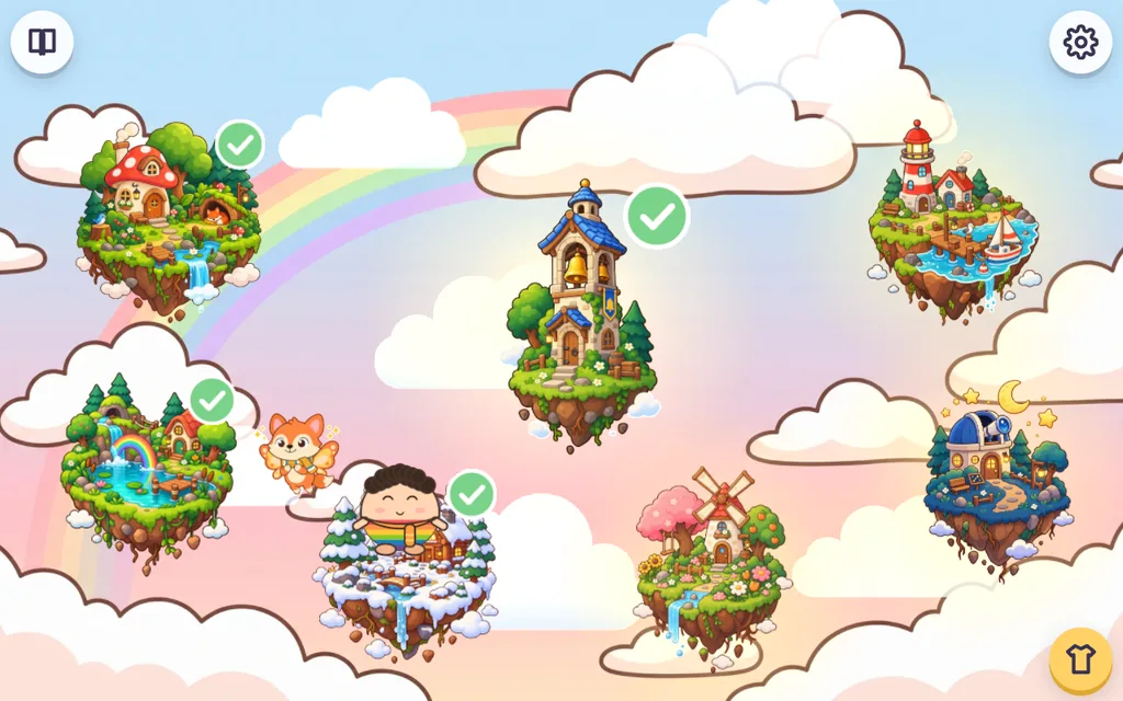 有七座漂浮小島和鈴鐺塔的世界地圖