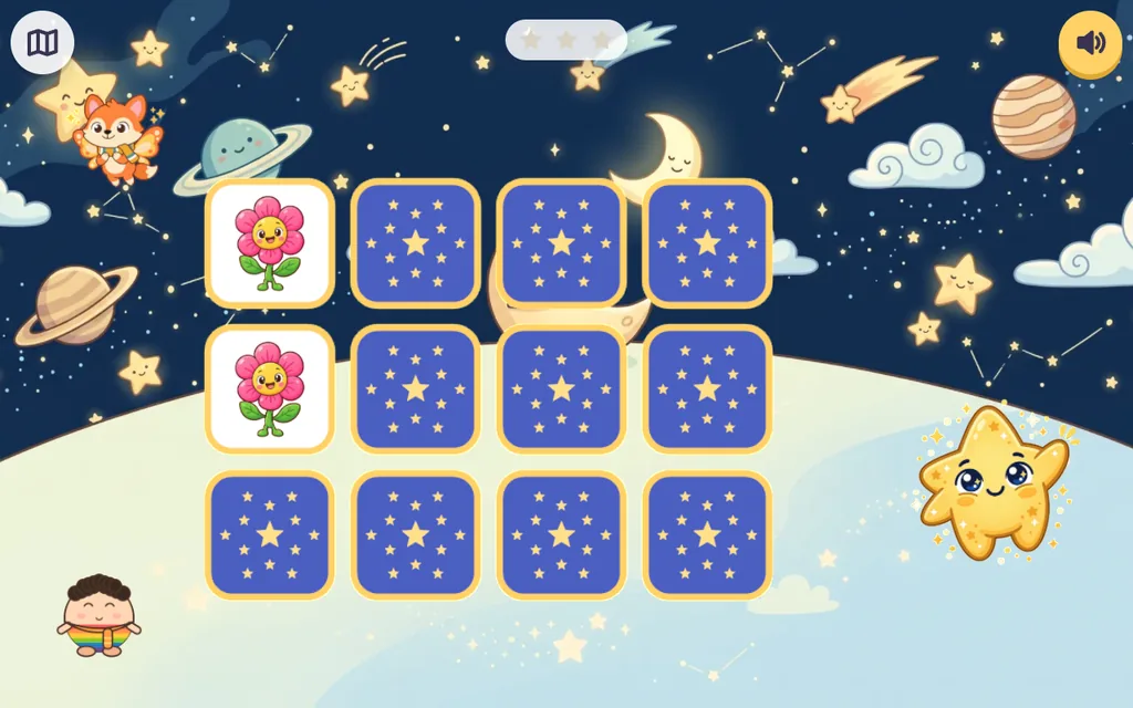 星空中翻開卡片的記憶遊戲